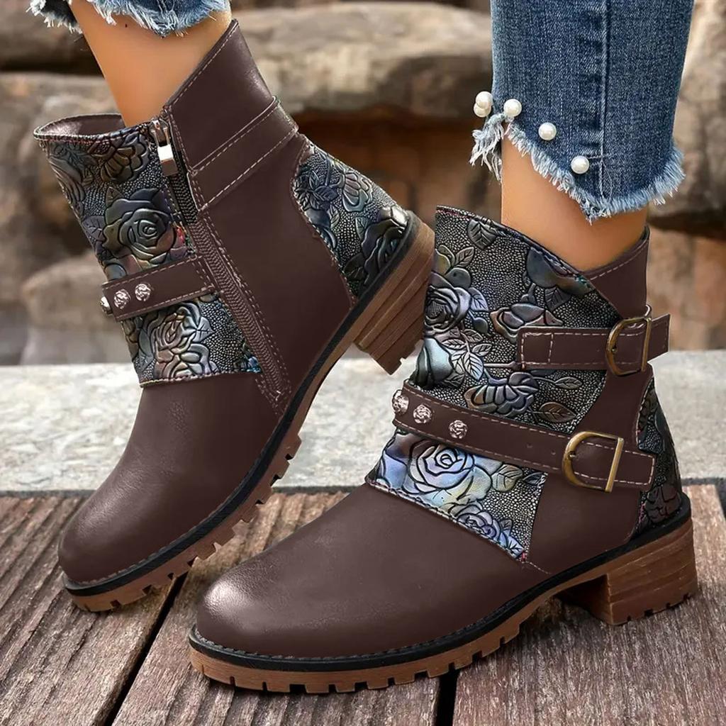 Dames platform enkellaarsjes van patchwork leer, modieus, casual, retro, met wijde schacht, kniehoog, voor dames in grote maten, exotisch.