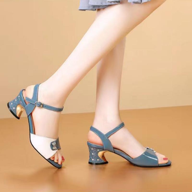 Letní sandály silný podpatek čtvercová špička módní univerzální prošívané flitry dámské boty