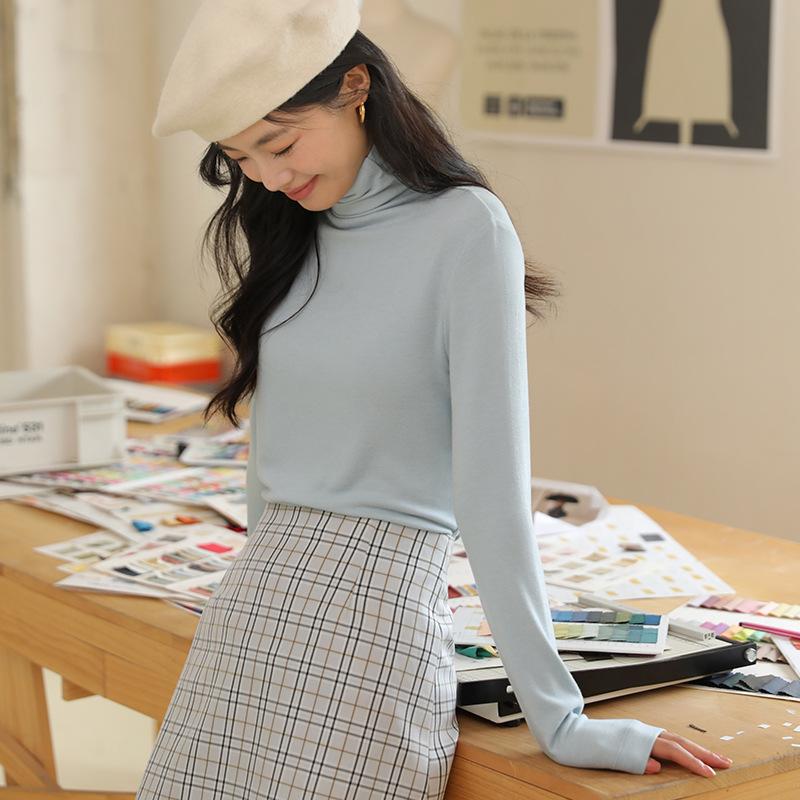 Long Sleeve Female Cold Basic Warm Shirt Bottom Shirt Autumn and Winter Puffed Half High Neck Tops Outer Wearing High Neck Inner Knitting Sweater