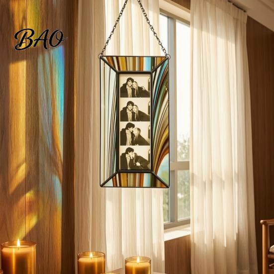 Holiday Commemorative Keepsake Acrylic Photo Frame Light Catcher, Retro Stained Glass Style Hanging Home Soft Furnishing Decor Display with