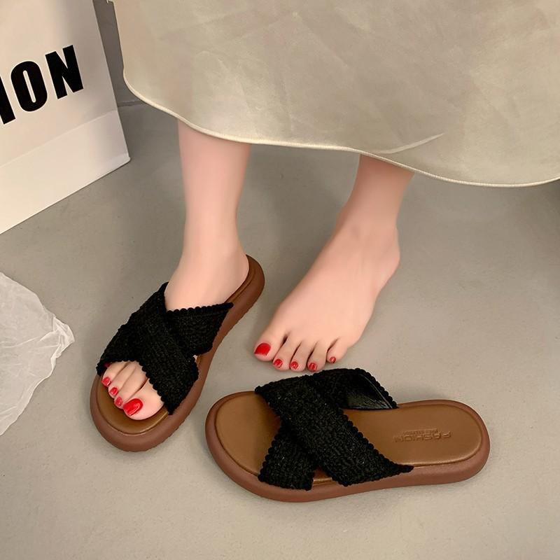 White Retro Woven Thick-soled One-word Slippers for Women's Summer Wear 2025 New Models with Skirts To Increase Height and Cool Slippers