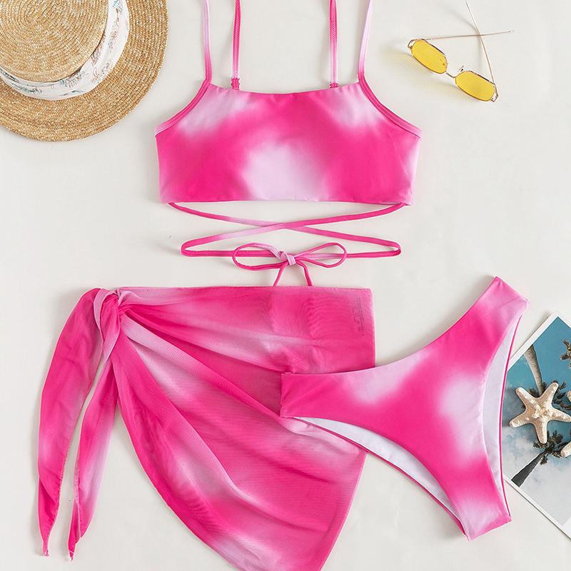 Swimsuit Women's Split Three Piece Set Tie Dye Lace Up Sexy Bikini Sets For Female Halter Drawstring Swimwear