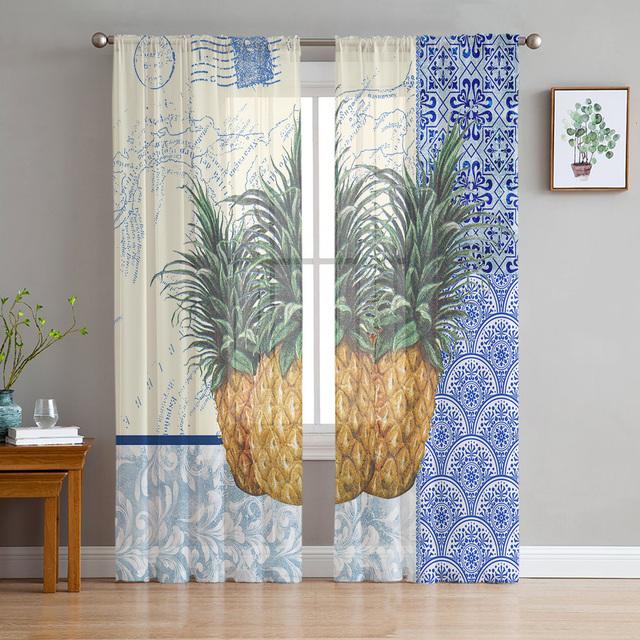 Toucan Flower Fruit Tropical Plants Pineapple Map Tulle Sheer Window Curtains For Living Room Bedroom Tulle Voile Curtains Decor