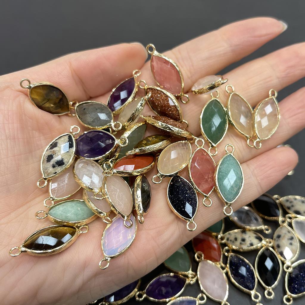 5Pcs, Natural Stone Marquise Faceted Connector Charms 11×25mm, Golden Plated Edge Pendants for DIY Necklace Bracelet Jewelry Making