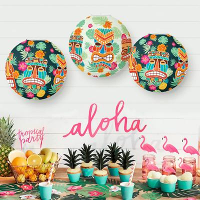 Runde Papier-Tiki-Laterne Luau Tropische Hängelaternen-Dekoration Hawaii Partyzubehör für Sommer Strand Dschungel Partydeko