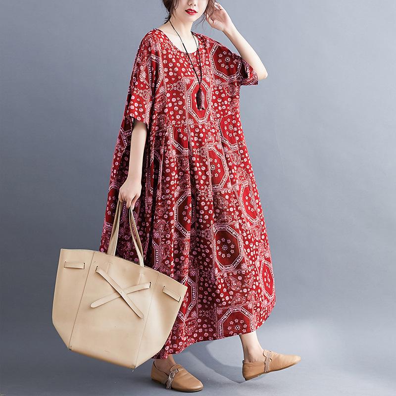 Retro Floral Loose-Fit Midi Dress for Plus Size Women - Spring & Autumn