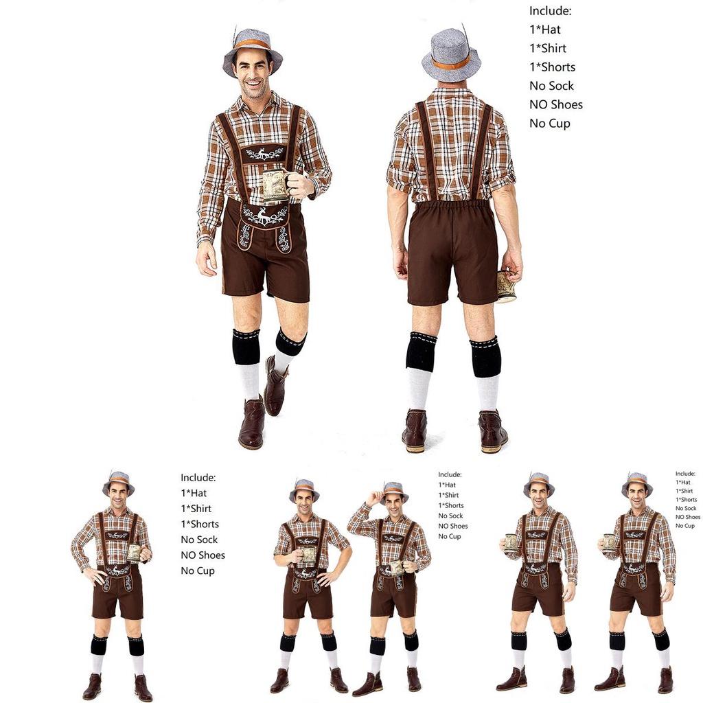 Stylish German Oktoberfest Clothing Men Fawn Print Khaki Plaid Costume Set