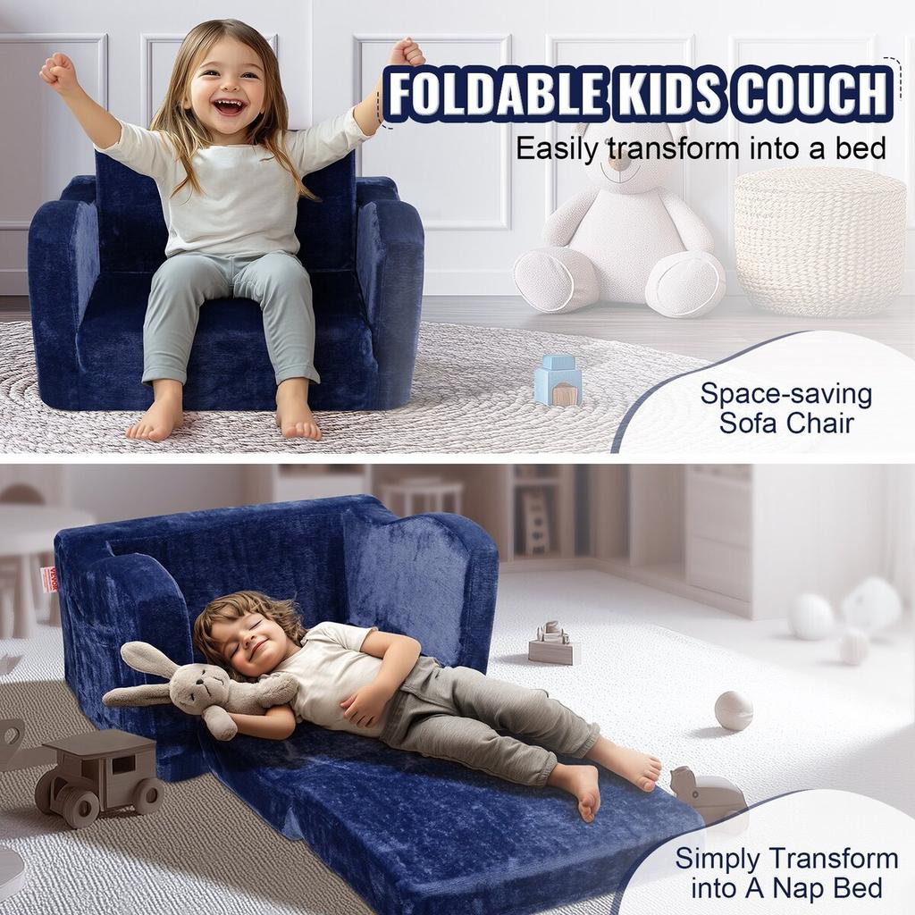 Baby Chair Foldable 2-in-1 Comfy Baby Lounger Couch Kids Sofa Blue