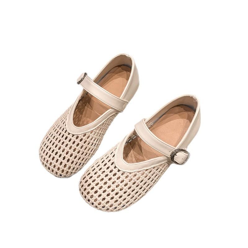 Women Breathable Hollow Out Mesh Adjustable Buckle Mary Jane Flat Shoes 26 бежевый