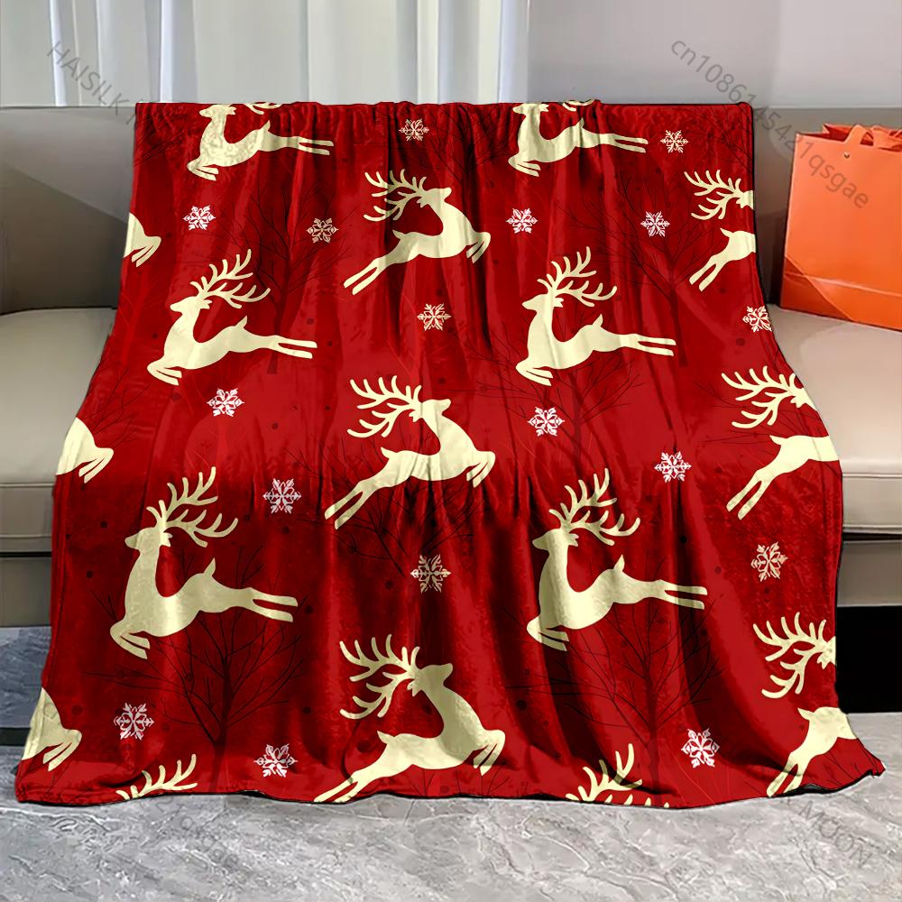 Christmas Element Red Reindeer Pattern Blanket Flannel Material Soft Warm for All Seasons, Home Outdoor Camping Picnics RV