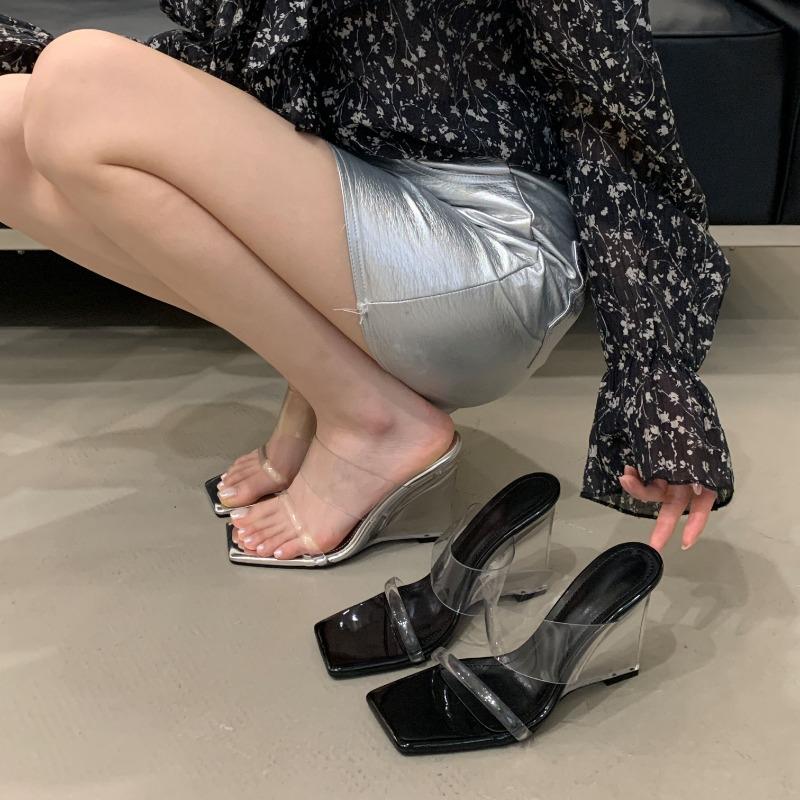 Fashion New Designder Style Crystal Wedges Heels Women Slippers Fashion Transparent Square Toe Banquet Slide Shoes Zapatos De Mujer
