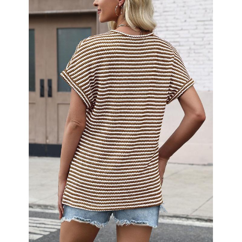2026 Loose Women's Casual Striped Textured Short-Sleeve Summer New V-Neck Knit T-Shirt Women's Clothing