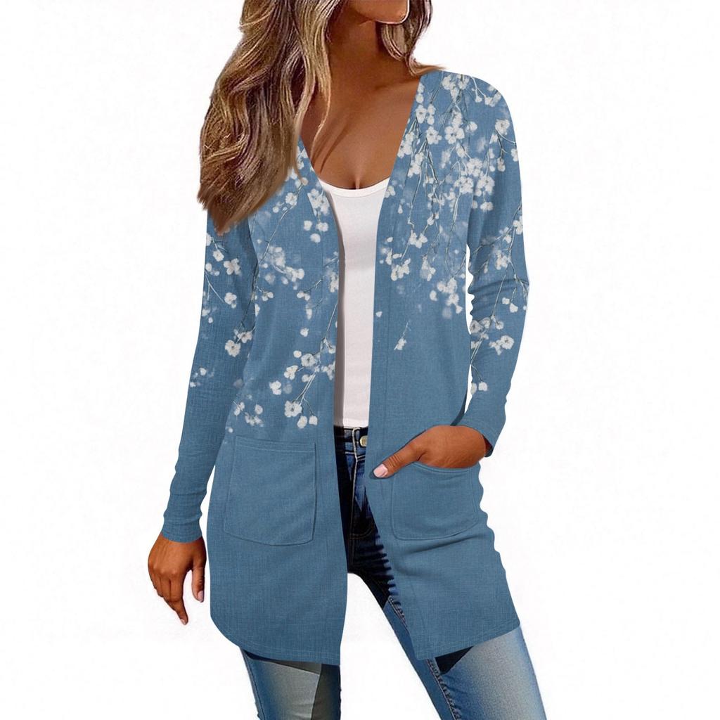 Damen Langarm Strickjacke Lässige Jacke mit Taschen Oberteil