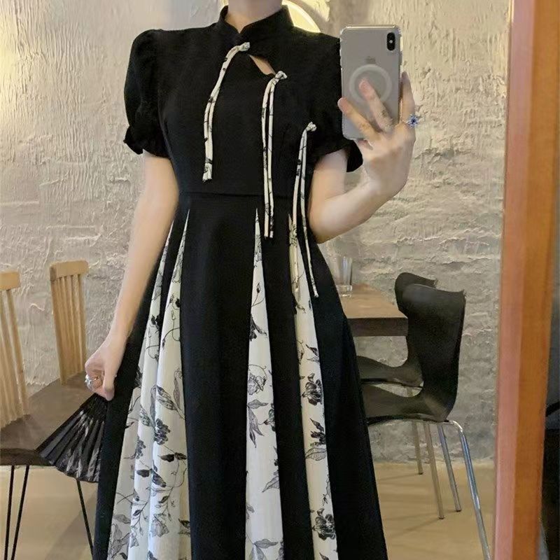 Summer large size new Chinese retro improved cheongsam skirt fat mm black and white contrasting colors gentle national style temperament dress