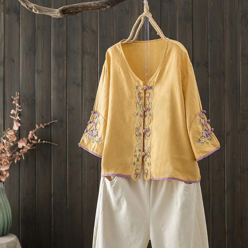 Summer Women's Clothing Shirts Blouse Blusa Mujer Vintage Casual Camisas Women Blouses Linen V Neck Embroidery