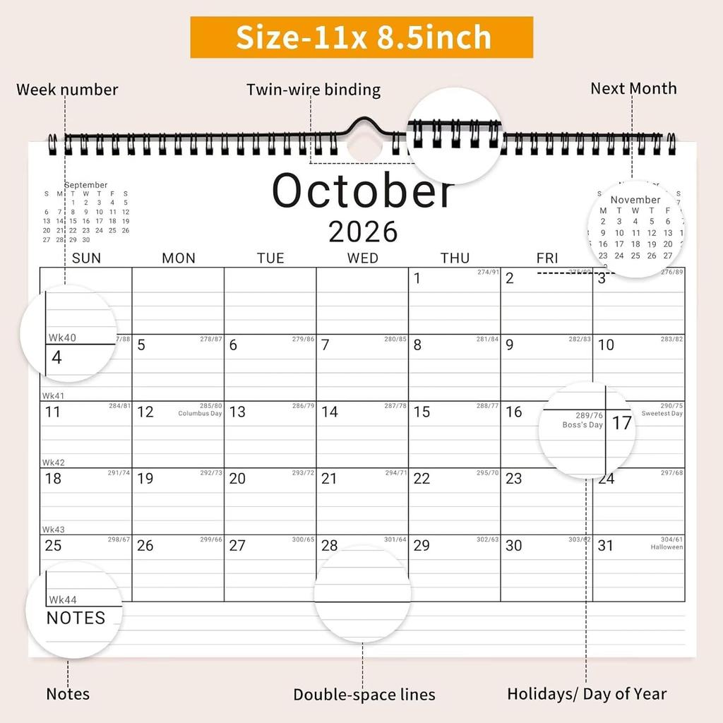 2026 Wall Calendar, 12 Month 11”x8.5 ‘’ Year Monthly Organizer from January 2026-2027 Small Mini Horizontal Blank Spiral Bound Wire Hanging