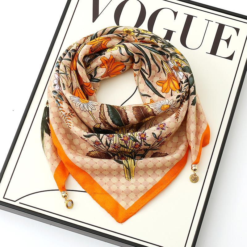 Women's 65" Silk Square Scarf with Magnetic Buckle – Autumn/Winter Print, Fashionable & Versatile Triangle Snood