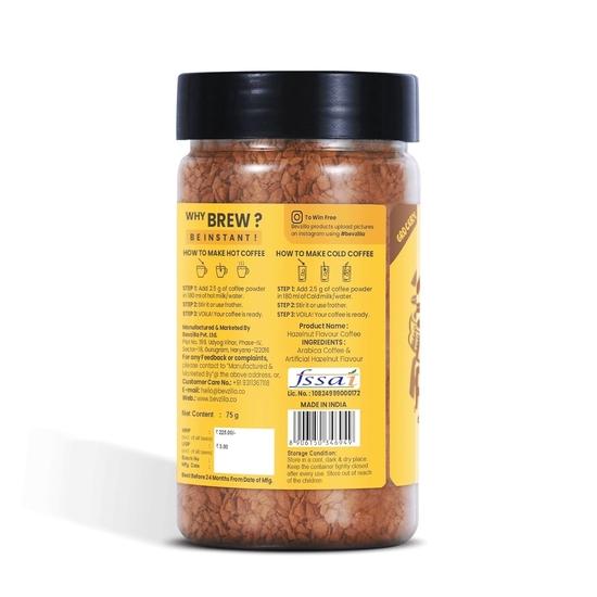 Bevzilla 75g Hazelnut Flavored Coffee Powder Jar | Premium Arabica Coffee | Ideal for Espresso, Latte & Cappuccino | Hot & Cold Coffee Brews