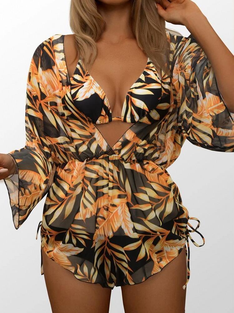 Long Sleeve Mesh Waist One-Piece Swimsuit High Waist Printed Drawstring Three-piece Bikini Skinny
