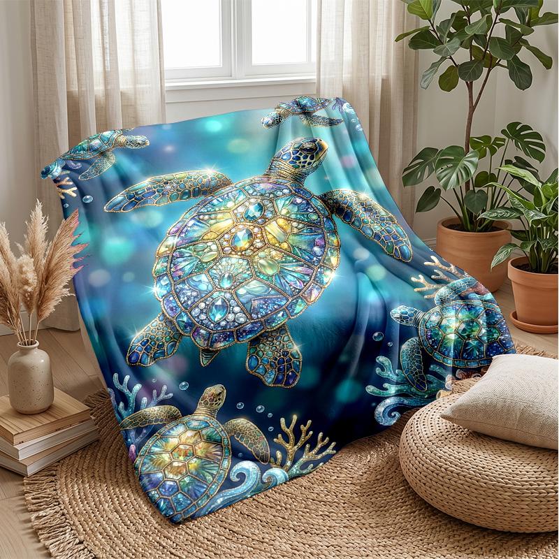 Oceanic Jeweled Turtle 1 Theme Blanket Lightweight Warm Flannel Blanket Decorative Throw Blanket for Home Decoration