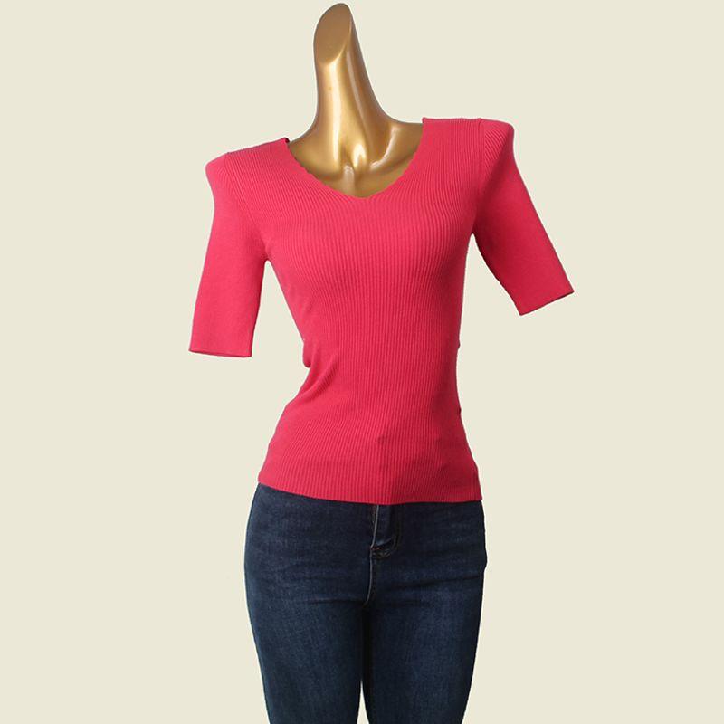 Crescent Double V Neck Texture Half Sleeve T-shirt Summer High Elastic Silm Export Pullover Knitwear