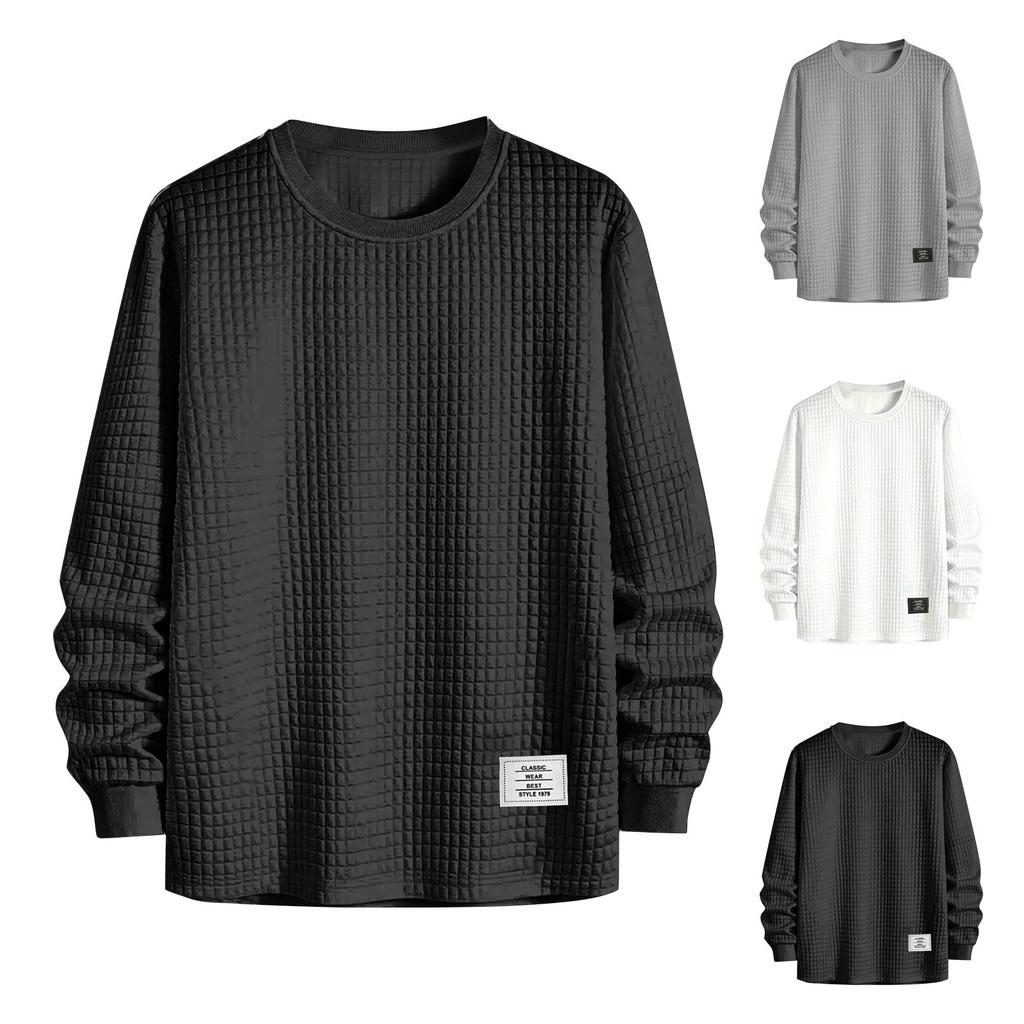 Men's Winter Solid Color Textured Round Neck Sweatshirt Hoodie Men's Sports Large Size Casual Round Neck Sweatshirt