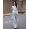 Demana Damen Sommer Perlenblume Kurzarm T-Shirt