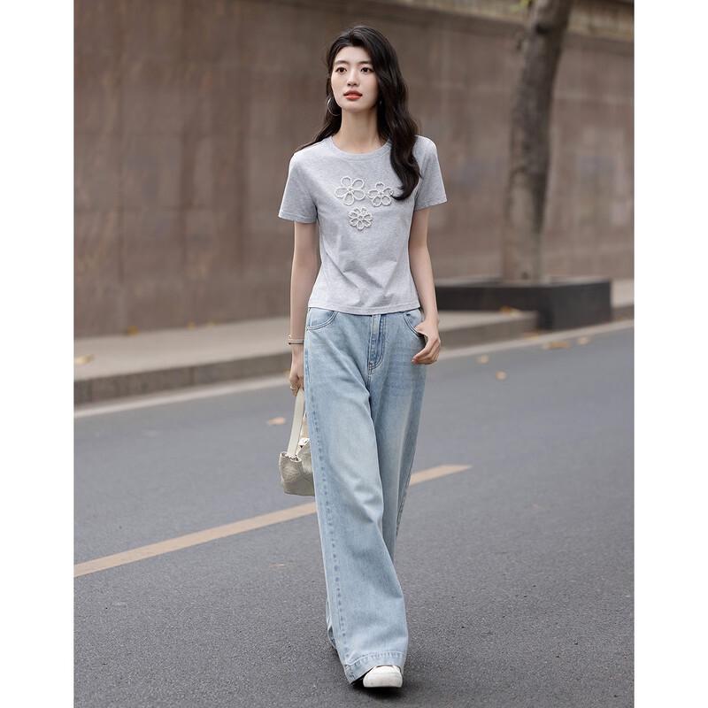 Demana Damen Sommer Perlenblume Kurzarm T-Shirt