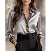 New Cross-Border Spring And Autumn Slim-Fit Long-Sleeve Leopard Print Round-Neck Satin Patchwork Shirt For Women