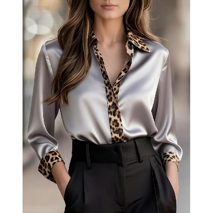 

New Cross-Border Spring And Autumn Slim-Fit Long-Sleeve Leopard Print Round-Neck Satin Patchwork Shirt For Women XXL