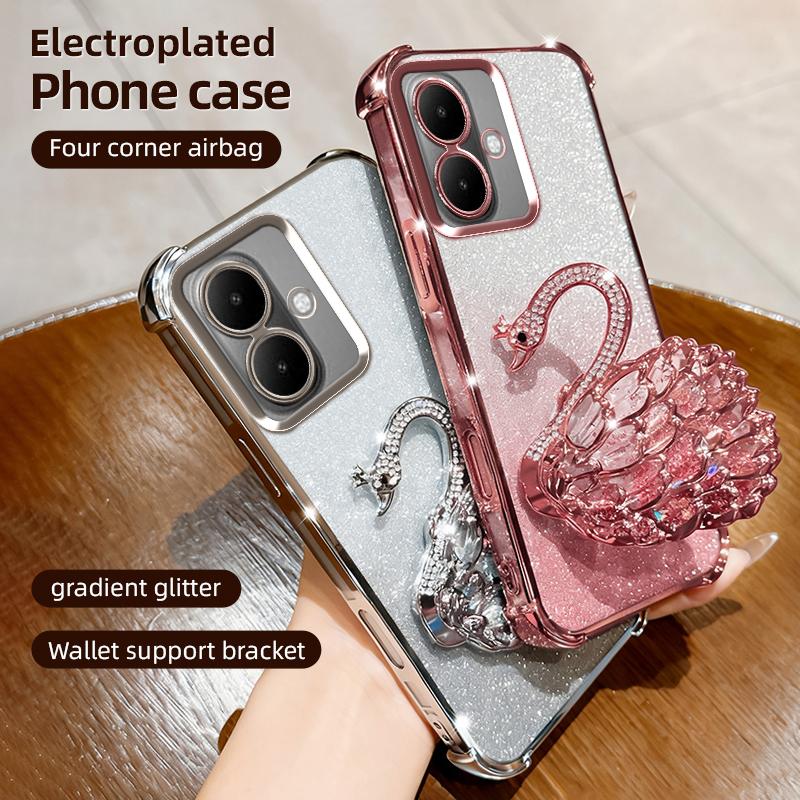 KEYSION Shockproof Plating TPU Phone Case for TECNO Spark Go 2 Pop 10 Glitter Jewelled Swan Kickstand Cover for Infinix Smart 10
