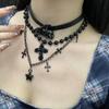 Dark Night Thorns Cross Stars Multi-layer Choker Necklace Spice Girl Black Leather Necklace