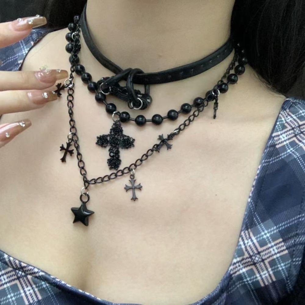 Dark Night Thorns Cross Stars Multi-layer Choker Necklace Spice Girl Black Leather Necklace