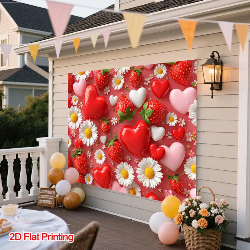 Romantic Strawberry, Heart and Daisy Backdrop Pink Themed Background Cloth for Birthday and Party
