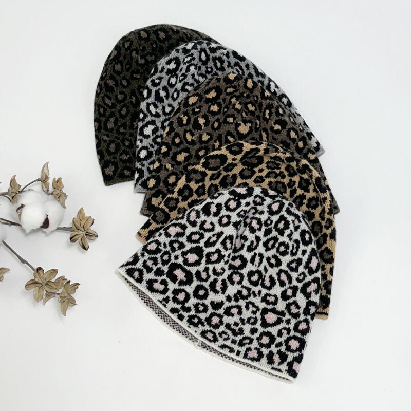 Women s Leopard Print Wool Knit Round Beanie C7521_Gray