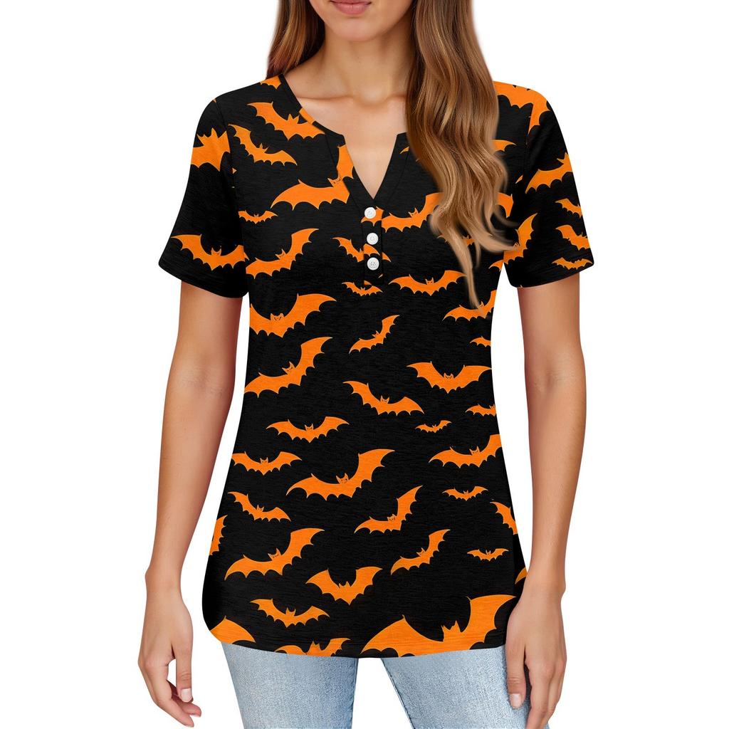Women's T Shirt Halloween Print Button Short Sleeve Daily Weekend Fashion Basic V- Neck Regular Top