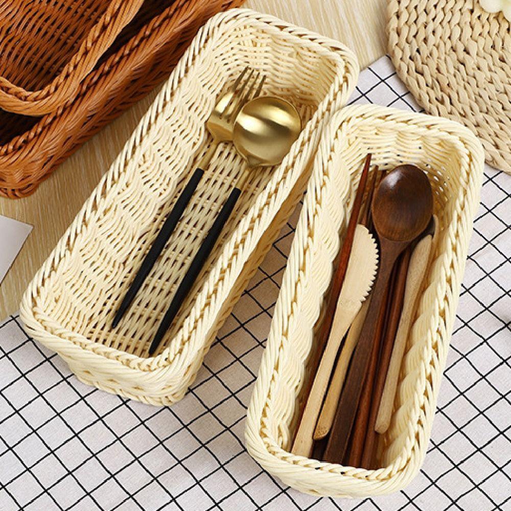 Rectangular Imitation Rattan Storage Basket Household Portable Tableware Storage Container Save Space Simple Faux Wicker Tray