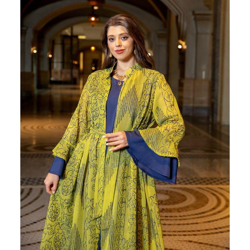 

Middle East Indonesia Southeast Asia Evening Dress Women Ruffle Sleeve New Two-Piece Suit Dress Embroidered Robe Dresses Yellow XXL