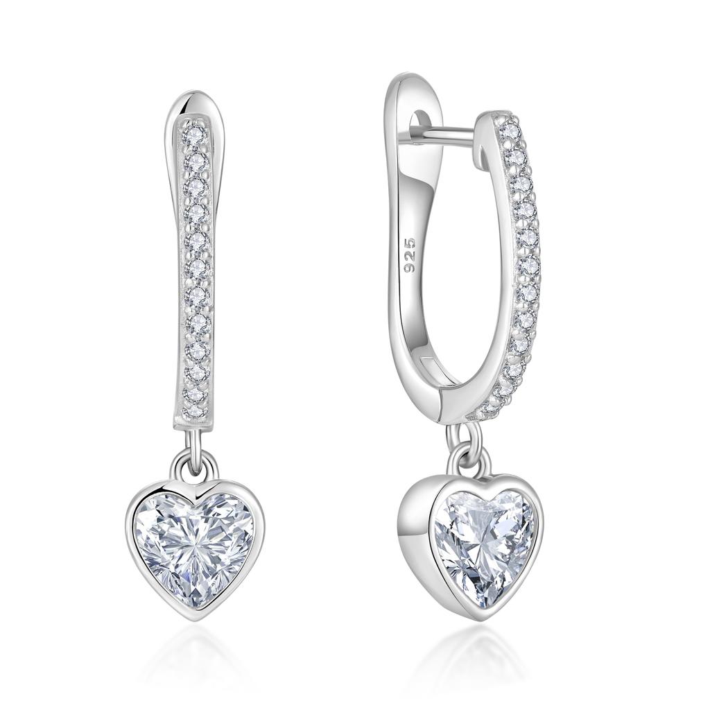 QX New Elegant 925 Sterling Silver Earrings Tiny Bezel Set Heart Charm Dangles Earrings Huggie Hoops for Women