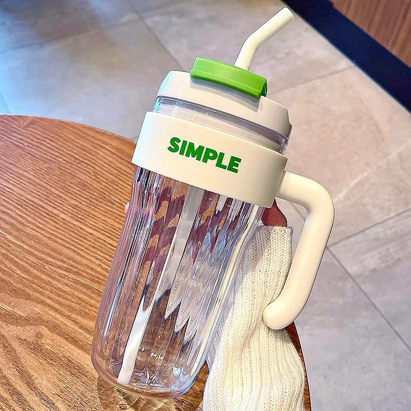 Capacity Plastic Simple Handy Large Cup Girl Office Mug Handle Straw Water Cup Couple Drinking Cup