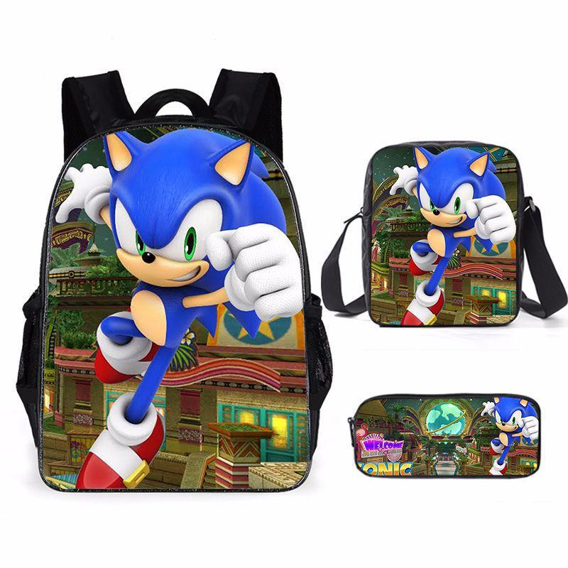 Cartoon Sonic Backpack, Primary And Secondary School Schoolbag, Messenger Bag, Pencil Case Three-Piece Set