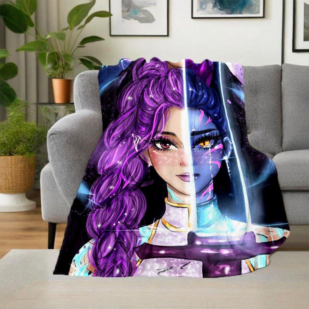 "Fantasy Warrior Sword Art Print: Purple Hair Warrior with Glowing Eyes"Blanket Lightweight Flannel Throw Blanket for Sofa, Bed, Travel, Cam