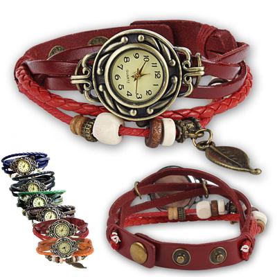 Damen Leder Baumblatt Quarz Armbanduhr Armband Orange Uhr