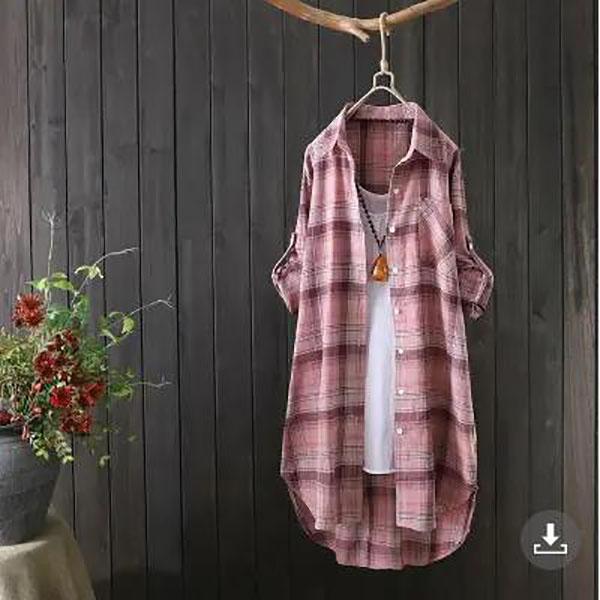 Damen Hemd mit Knöpfen Elegant Chic Damen Oberteil Kariert Vintage Leinen Langarm Chinesische Hemden Blusen Kleidung