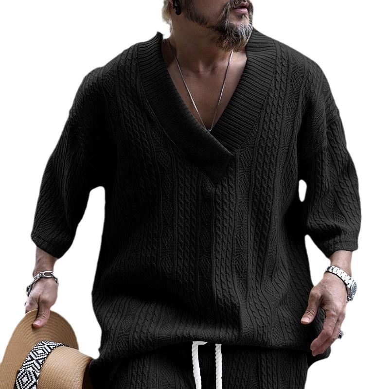 2025 Men's Summer Loose V-neck Knit T-shirt - Casual Short Sleeve, Plain Color Sports Tee