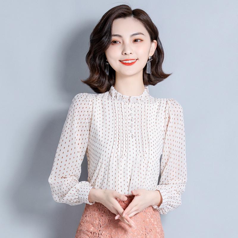 

Women s 2025 Polka Dot Ruffle Long Sleeve Chiffon Shirt - New Fashionable Loose Fit Trend. Large