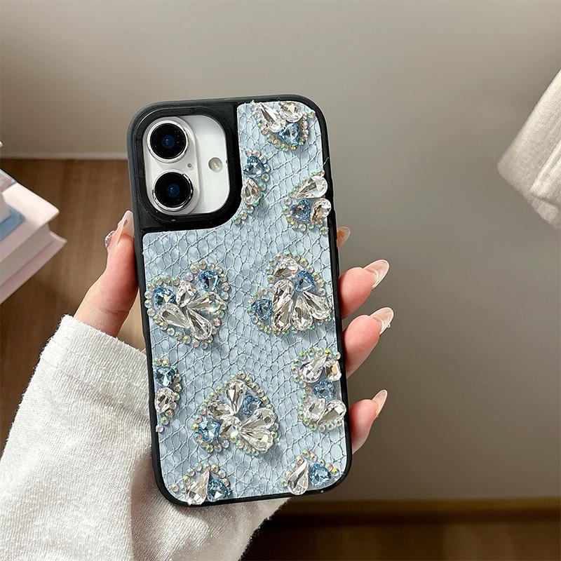 Luxurious Snakeskin Pattern Rhinestone Heart-shaped Mobile Phone Case for IPhone16pro High-end for Apple 17Air Women’s Fashion