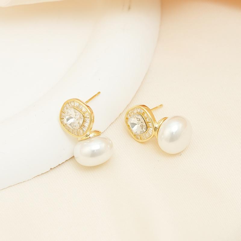 Rhombus Zircon Pearl Stud Earrings High-End Sense Niche Fashion Light Luxury Temperament Earrings Women'S Earrings