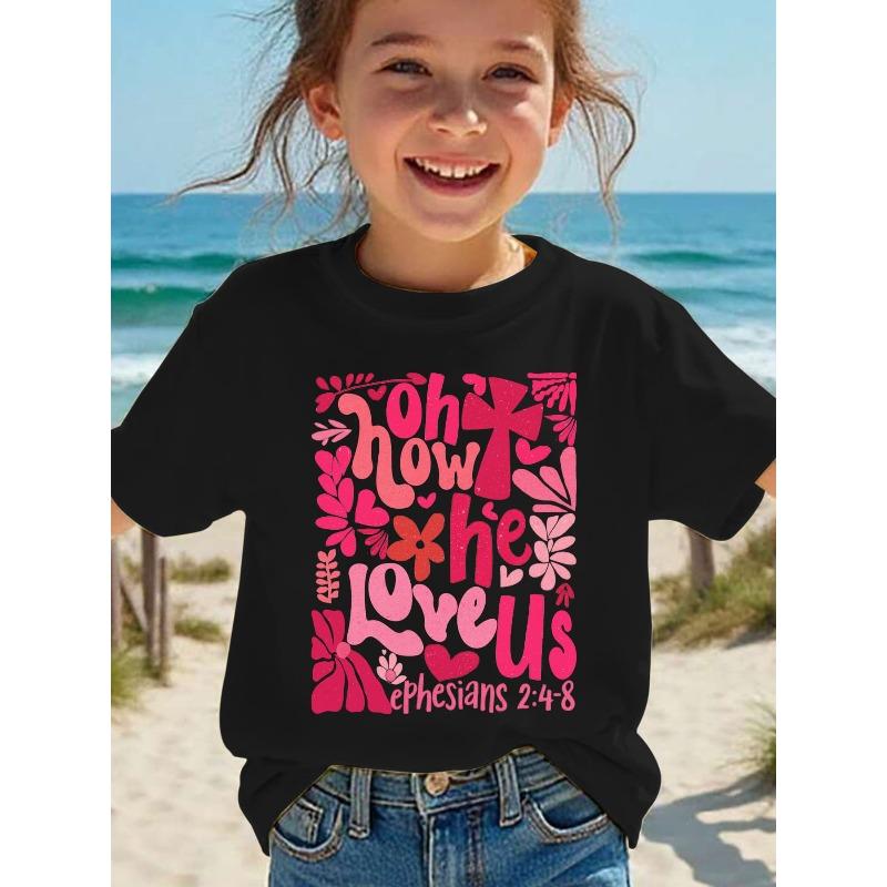 

European Size Summer Fashion Girls Short Sleeved T Shirt with Heart Flower and Cross Patterned Cartoon Prints Casual and Versatile 98cm чёрный