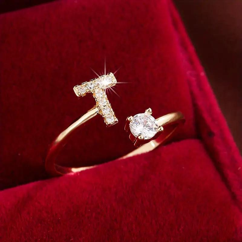 26 English Letter Micro-set Zircon Fashion Women's Ring, Copper-plated 14K Open Plain Ring